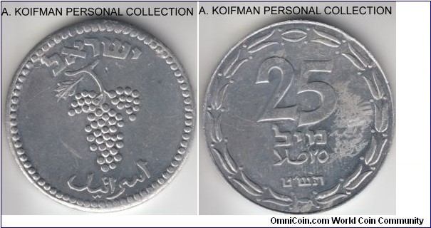 KM-8, 1949 Israel 25 mils, Holon mint; aluminum, plain edge; uncirculated but with issues - a bit of aluminum rust on reverse (only) and a couple of scratched, possibly during production, this appear to an closed link with straight cut leave variety that Sheqel identifies as scarce and minted in Holon.