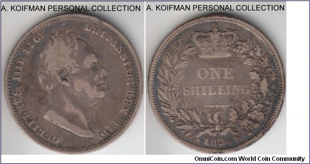 KM-713, 1834 Great Britain shilling; silver, reeded edge; good fine, pleasant natural toning.