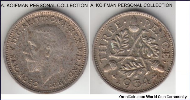 KM-831, 1934 Great Britain 3 pence; silver, plain edge; good extra fine, but heavy toning on obverse and a couple of scratches.