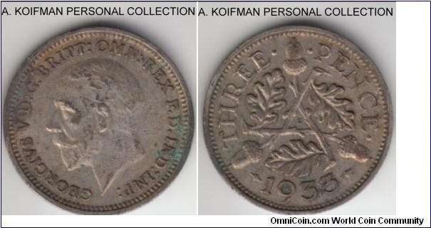 KM-831, 1933 Great Britain 3 pence; silver, plain edge; good very fine or better.