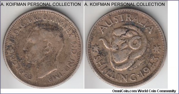 KM-39, 1943 Australia shilling, Melbourne mint (no mint mark); silver, reeded edge; fine to very fine, toned, scarcer Melbourne mint.