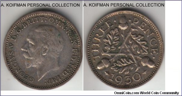 KM-831, 1930 Great Britian 3 pence; silver, plain edge; scarce year, good very fine or better.