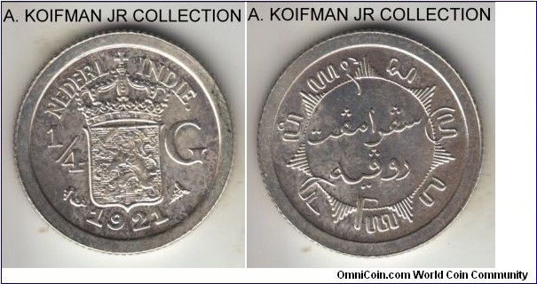 KM-312, 1921 Netherlands East Indies 1/4 gulden; silver, reeded edge; Wilhelmina I, nice bright uncirculated.