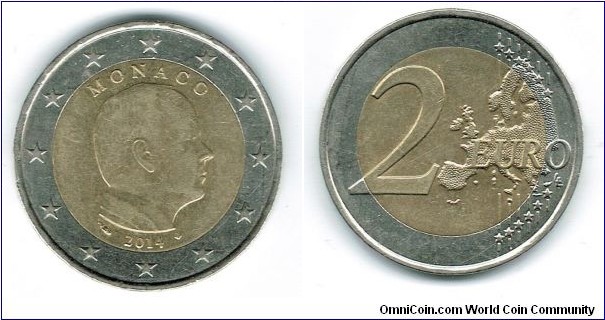 2 euro 2014 - prince Albert II
Mintage 772000
Designer obv. P. Jauvaudin, rev. Luc Luycx