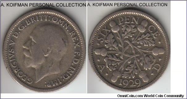 KM-832, 1929 Great Britain 6 pence; silver, reeded edge; well circulated, fine or so.