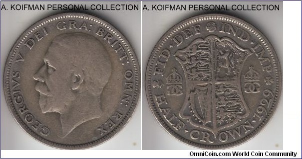 KM-835, 1929 Great Britain half crown; silver, reeded edge; well circulated, very good to fine.