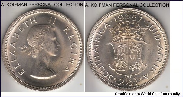 KM-51, 1957 South Africa (Dominion) 2 1/2 shillings; silver, reeded edge; bright uncirculated, light toning in the center on both sides, these coins in business strike are often scarcer in high grades than proof specimen.