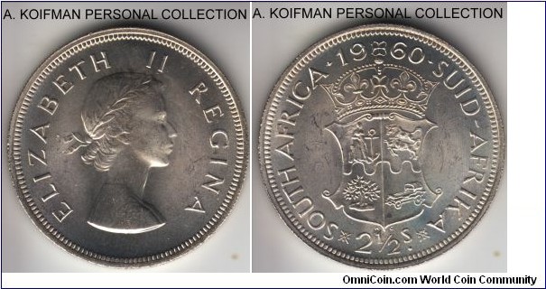 KM-51, 1960 South Africa (Dominion) 2 1/2 shillings; silver, reeded edge; bright uncirculated, nice and scarcest of all half crowns, mintage in business 12,000 and only 3,360 more in proof, much smaller than the 1959.