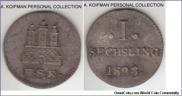 KM-525.2, 1823. German States Hamburg sechsling; silver, plain edge; small mintage of 30,000, good extra fine to about uncirculated, very nice natural toning.