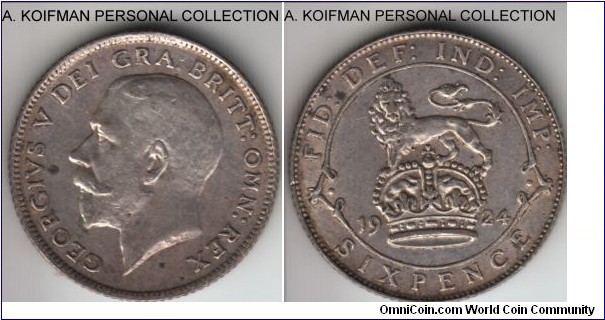 KM-815a.1, 1924 Great Britain 6 pence; silver, reeded edge; good extra fine.
