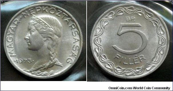 Hungary 5 filler from 1973 annual coin set.
Mintage: 105.000 pieces.