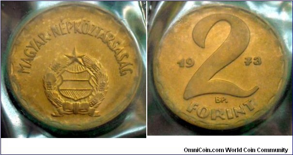Hungary 2 forint from 1973 annual coin set.
Mintage: 820.000 pieces.