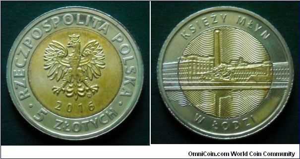 Poland 5 złotych.
2016, Priest's Mill in Łódź. Bimetal.