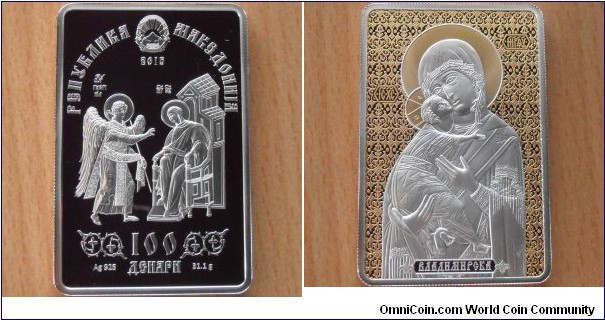 100 Denars - Icon of Vladimir - 31.1 g 0.925 silver Proof (partially gold plated) - mintage 7,000