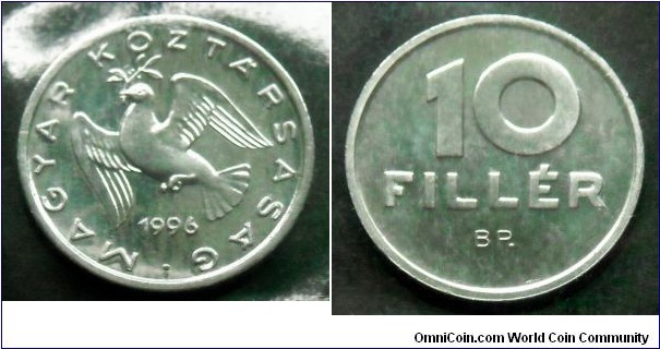 Hungary 10 filler from 1996 annual coin set. Mintage: 20.000 pieces.