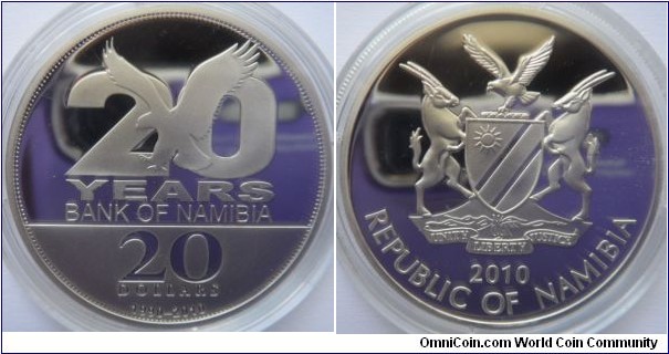 20 Years Bank of Namibia 1990 - 2010
Silver Commemorative Mintage 250
