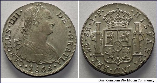 Spanish colonial, Peru, Charles IV, 8 Reales, 1808. Lima mint. Assayer: J.P. KM# 97. AU-UNC.