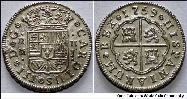 Spain, Charles III, 2 Reales, 1759. 5.99g, 26.62mm, silver. Assayer 