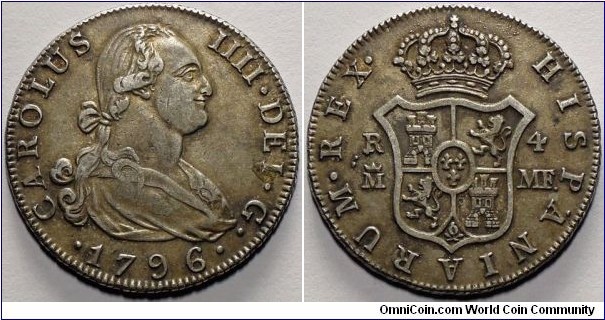 Spain, Charles IV, 4 Reales, 1796. Silver. Madrid mint. Assayer M.F. KM# 431.1. VF-EF.
