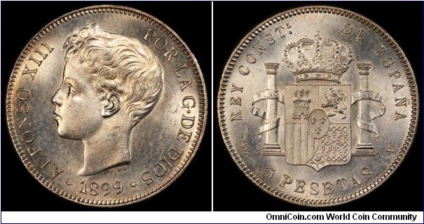 Spain, Alfonso XIII 5 Pesetas 1899 (99) SG-V. KM# 707. PCGS MS63. 