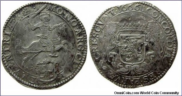 Netherlands, Deventer, Ducaton / Silver rider (early type), 1666. Sitting dog mint mark. Obverse: Knight on horseback right, city arms below in inner circle/ Reverse: Crowned arms with crowned lion supporters in inner circle, date at top in legend. Delmonte# 1038; KM# 62.2. Scarce provenance.