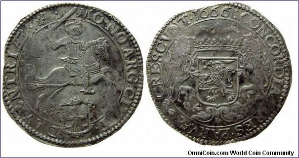 Netherlands, Deventer, Ducaton / Silver rider (early type), 1666. Sitting dog mint mark. Obverse: Knight on horseback right, city arms below in inner circle/ Reverse: Crowned arms with crowned lion supporters in inner circle, date at top in legend. Delmonte# 1038; KM# 62.2. Scarce provenance.