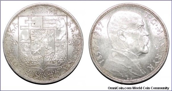 CZECHOSLOVAKIA (REPUBLIC)~20 Koruna 1937. Death of President: Tomas G. Masaryk