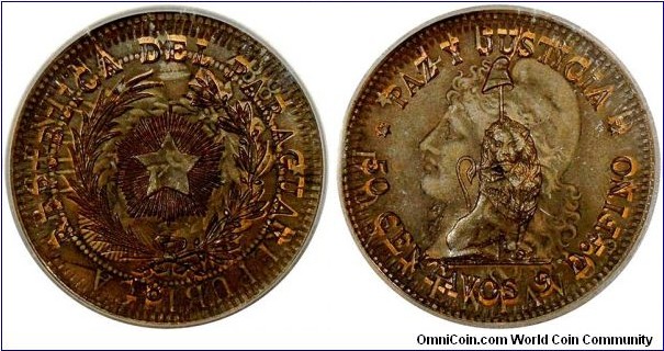 Paraguay 18xx issues, later strikes from the original dies of the Paraguay ca 1889 issue. Copper 50 Cents on Argentina 2 Cents, 1887. KM# 33, Pattern die. Certified by ICG, graded MS63 Brown.