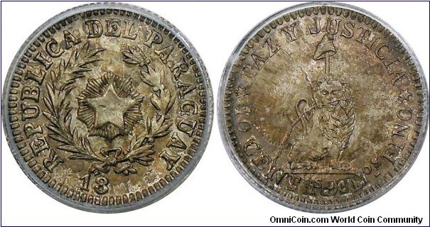Paraguay 18xx issues, later strikes from the original dies of the Paraguay ca 1889 issue. Silver 10 Cents on Argentina 10 Cents KM# 26, Pattern die. Certified by ICG, graded MS66.