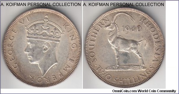 KM-19, 1940 Southern Rhodesia 2 shillings; silver, reeded edge; good extra fine to about uncirculated, some luster still present.