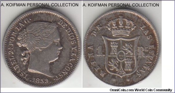 KM-606.2, 1859 Spain real, Madrid mint (6-point star); silver, reeded edge; very fine, wiped, interestinhg toning.