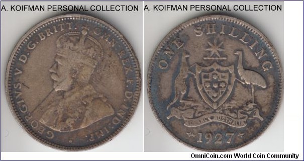KM-26, 1927 Australia shilling; silver, reeded edge; fine or about, scarcer year.