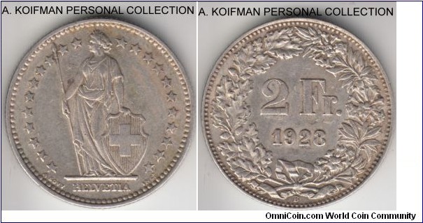 KM-21, 1928 Switzerland 2 francs, Bern mint (B mint mark); silver, reeded edge; very fine or better, some luster showing.