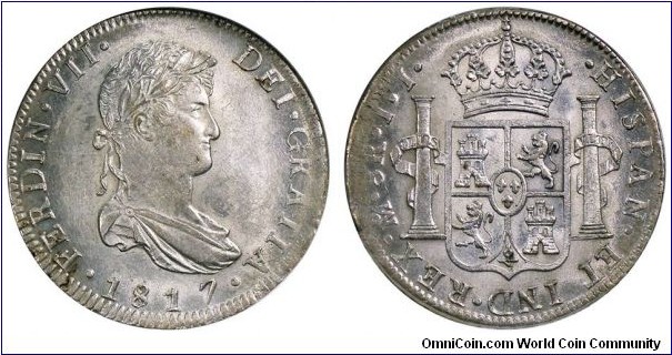 Spanish colonial, Ferdinand VII, 8 Reales, 1817. Repunched 