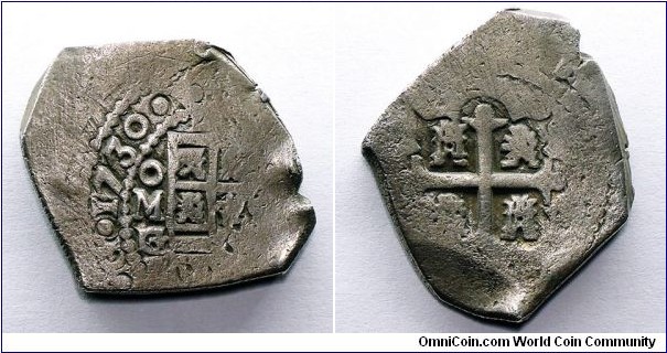 Spanish colonial, Mexico, Philip V, Cob 8 Reales, 1730. Assayer G over R. 26.70g, c. 32mm. KM# 47a ; C.C.T.# 682var. ; A.C.C.# 9327. 
