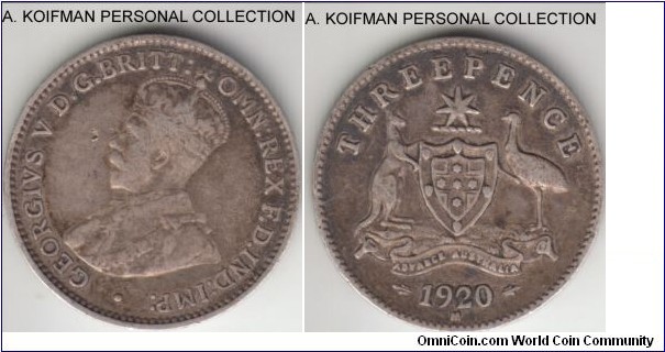 KM-24, 1920 Australia 3 pence, Melbourne mint (M mint mark); silver, plain edge; fine or about, toned, a small dig in the field on obverse.
