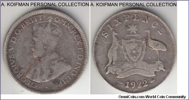 KM-25, 1922 Australia 6 pence, Sydney mint ( no mint mark); silver, reeded edge; very good a few minor scratches, but rare.