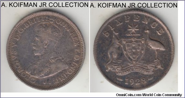 KM-25, 1928 Australia 6 pence; silver, reeded edge; George V, somewhat smaller mintage year, good fine to about very fine with pleasant toning.