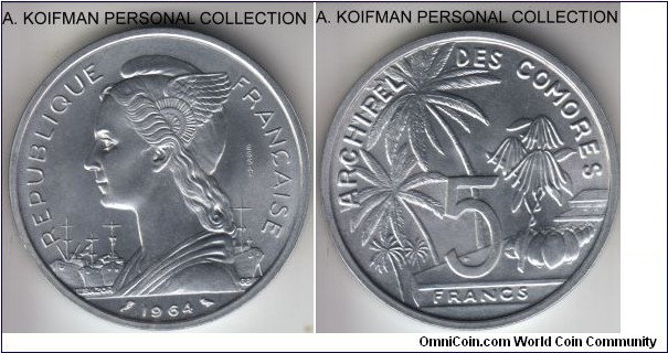 KM-E3, 1964 Comoros 5 francs, Paris mint; essai, aluminum, plain edge; mintage 1,700, brilliant uncirculated.