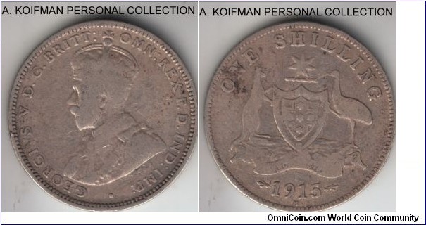 KM-26, 1915 Australia shilling, Heaton mint (H mintmark); silver, reeded; good to very good, rare year.