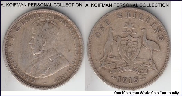 KM-26, 1915 Australia shilling, Royal mint (London, no mint mark); silver, reeded; very good to fine, not cleaned.