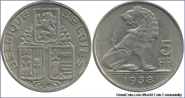 Belgium 5 Francs 1938(Fr-Dt)