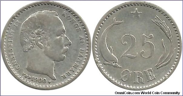 Denmark 25 Øre 1900-Christian IX (2.42 g / .600 Ag)