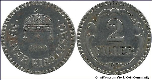 Hungary-Kingdom 2 Filler 1940 
 KM# 518.2 - steel