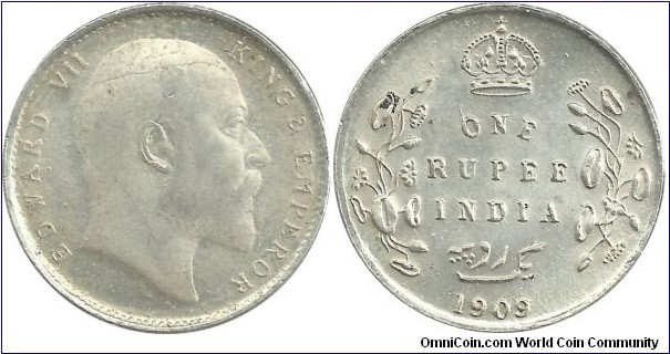 India-British 1 Rupee 1909 - cleaned coin (I bought in this cond.) (11.66 g 
/ .917 Ag)
