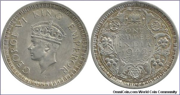 India-British 1 Rupee 1942(B) (11.66 g / .500 Ag)