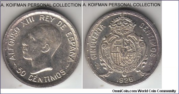 KM-741, 1926 Spain (Kingdom) 50 centimos; silver, reeded edge; common but nice bright about uncirculated.