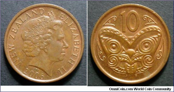 New Zealand 10 cents.
2006, Copper plated steel.