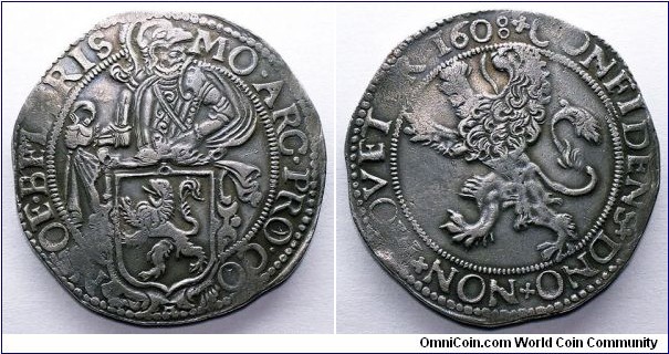 Netherlands, Friesland, Lion daalder/Leeuwendaalder (48 Stuivers), 1608. Silver. Obverse: Knight holding lion shield. Reverse: Lion rampant. Delmonte 852; Verkade 124.4; HNPM.24; CNM.2.16.45; Davenport 4853. Without lion mintmark. 8 in the year is formed of two separate circles. Rare variety.