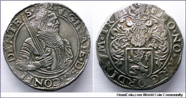 Netherlands, Utrecht province, Helmeted rijksdaalder or Prinsendaalder, 1592. Obverse: armored bust of William of Orange bearing a sword; reverse: helmeted arms. Delmonte 928; Verde 103.1; HNPM.50 van de Wiel 2f (JMP.1978-1979); Davenport 8861.